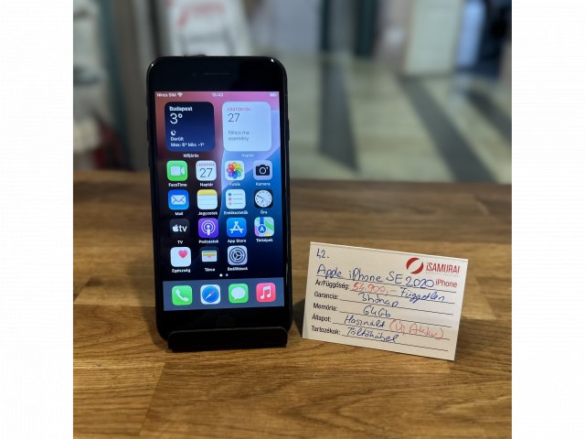 42. Apple iPhone SE 2020 - 64 GB - Fekete - Független - ÚJ AKKU