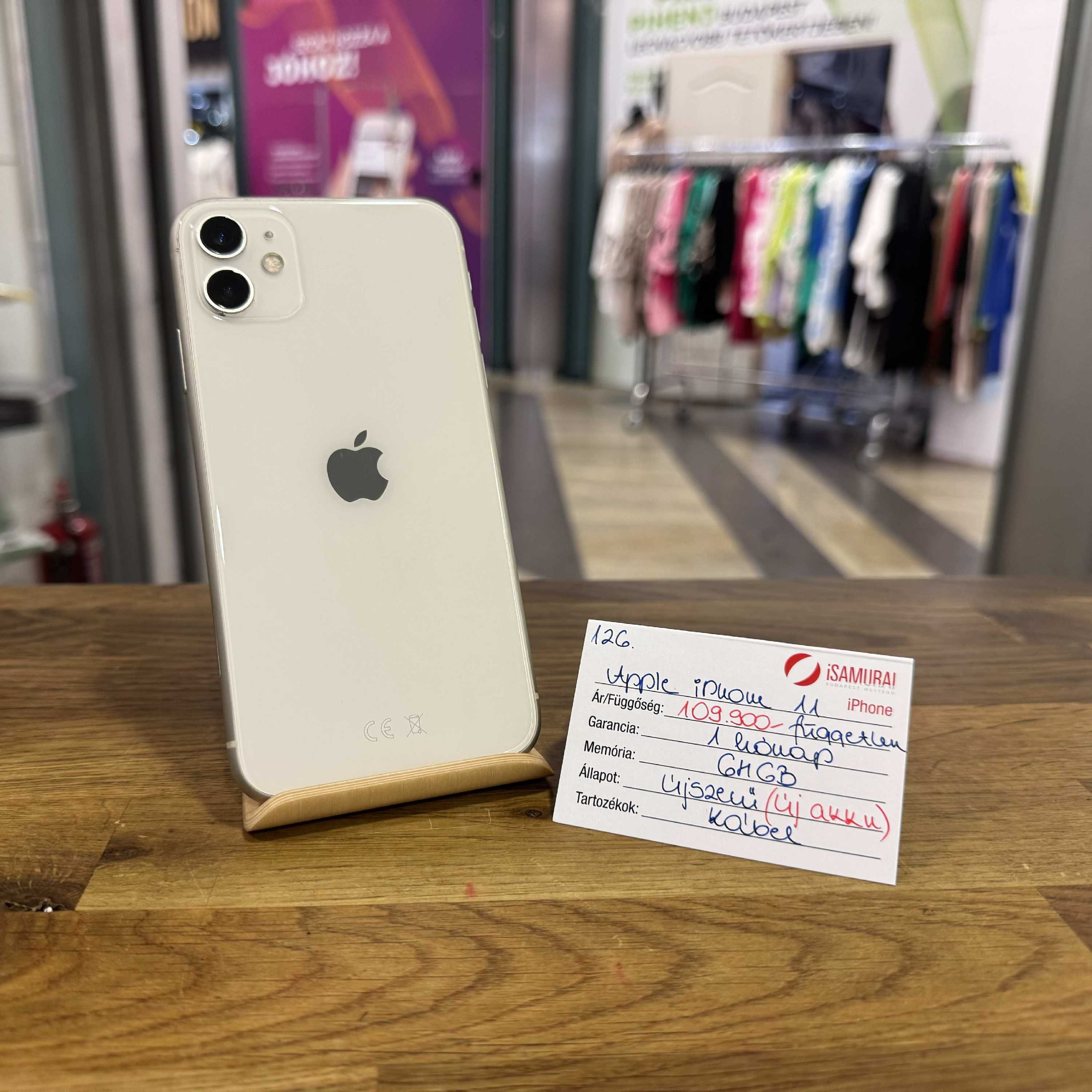 126. Apple iPhone 11 - 64 GB - Fehér - Független - ÚJ AKKU