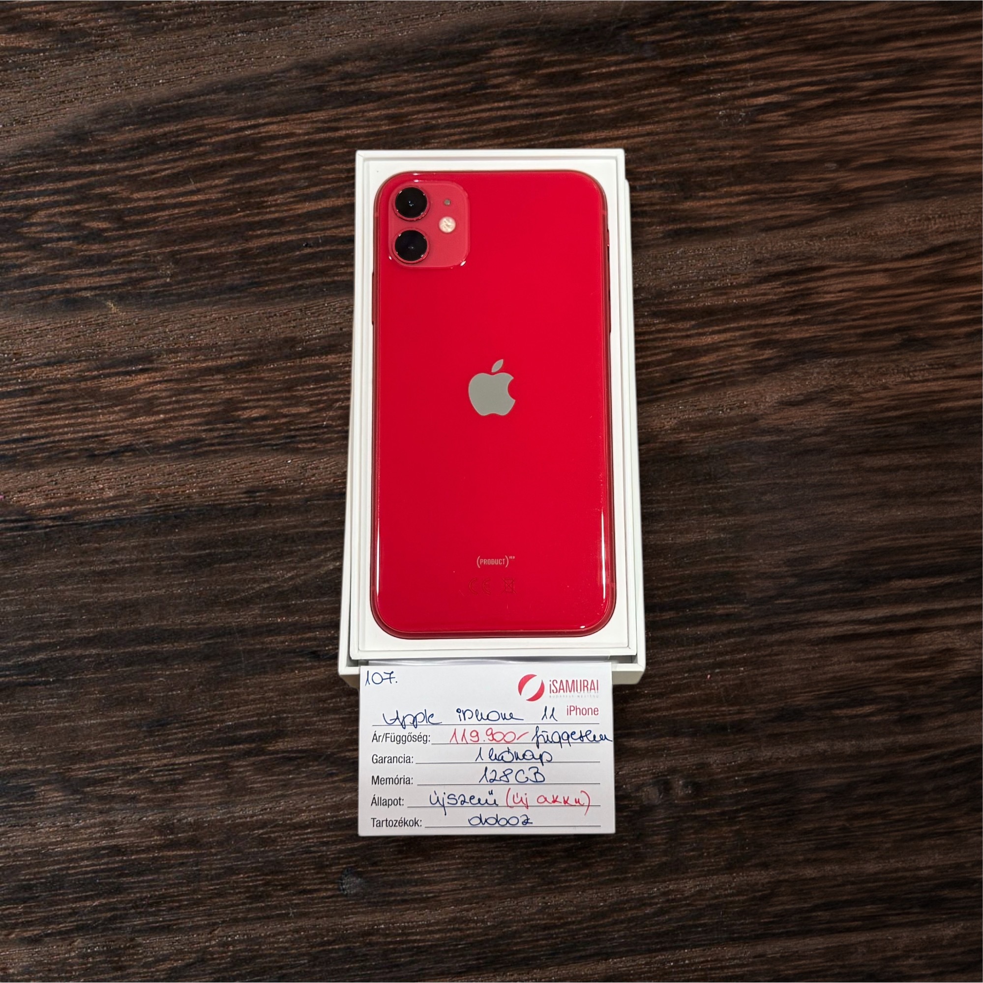 107. Apple iPhone 11 - 128 GB - (product)RED - Független - ÚJ AKKU - Újszerű