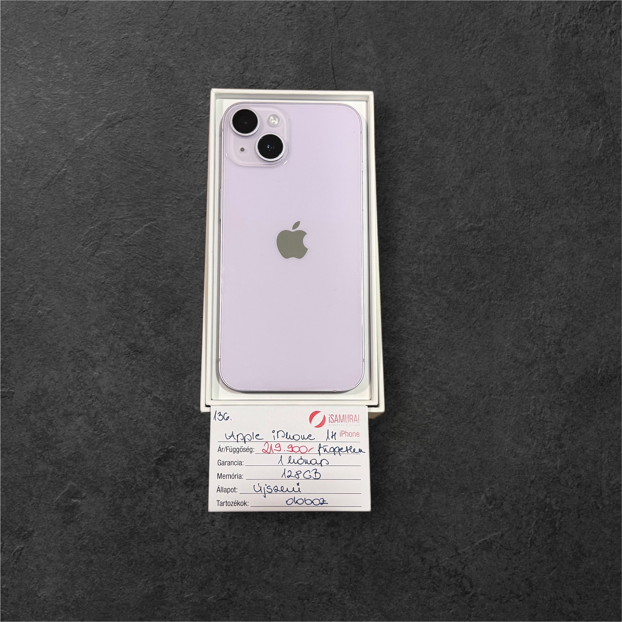 136. Apple iPhone 14 - 128 GB - Lila - Újszerű