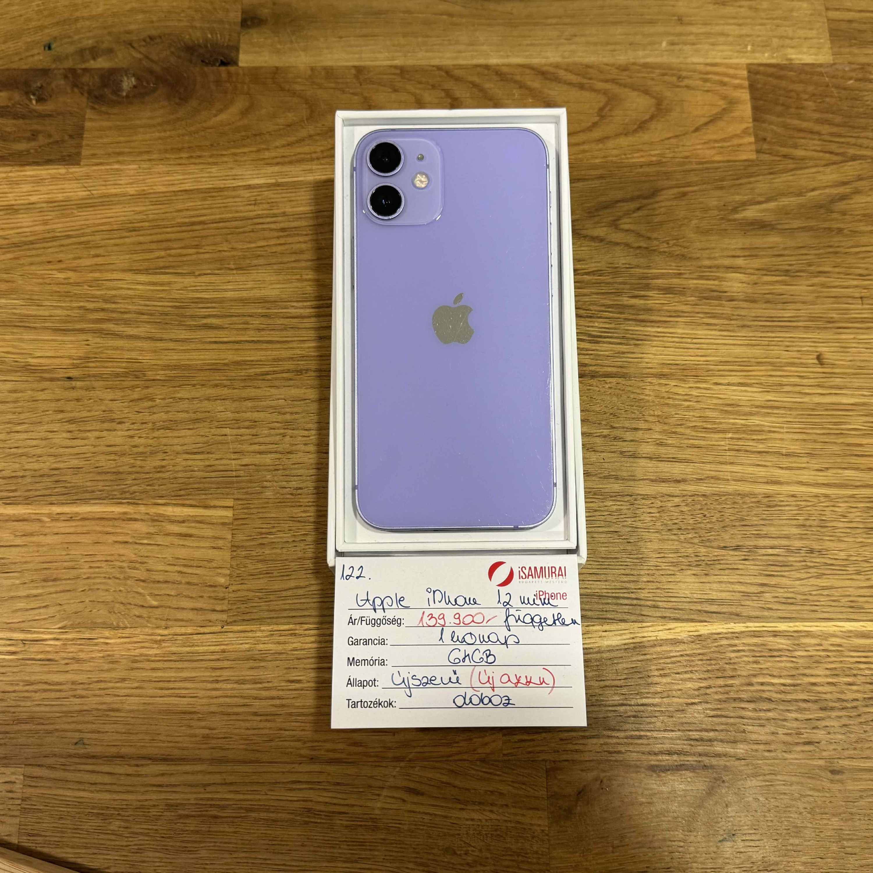 122. Apple iPhone 12 mini - 64 GB - Lila - Újszerű - ÚJ AKKU