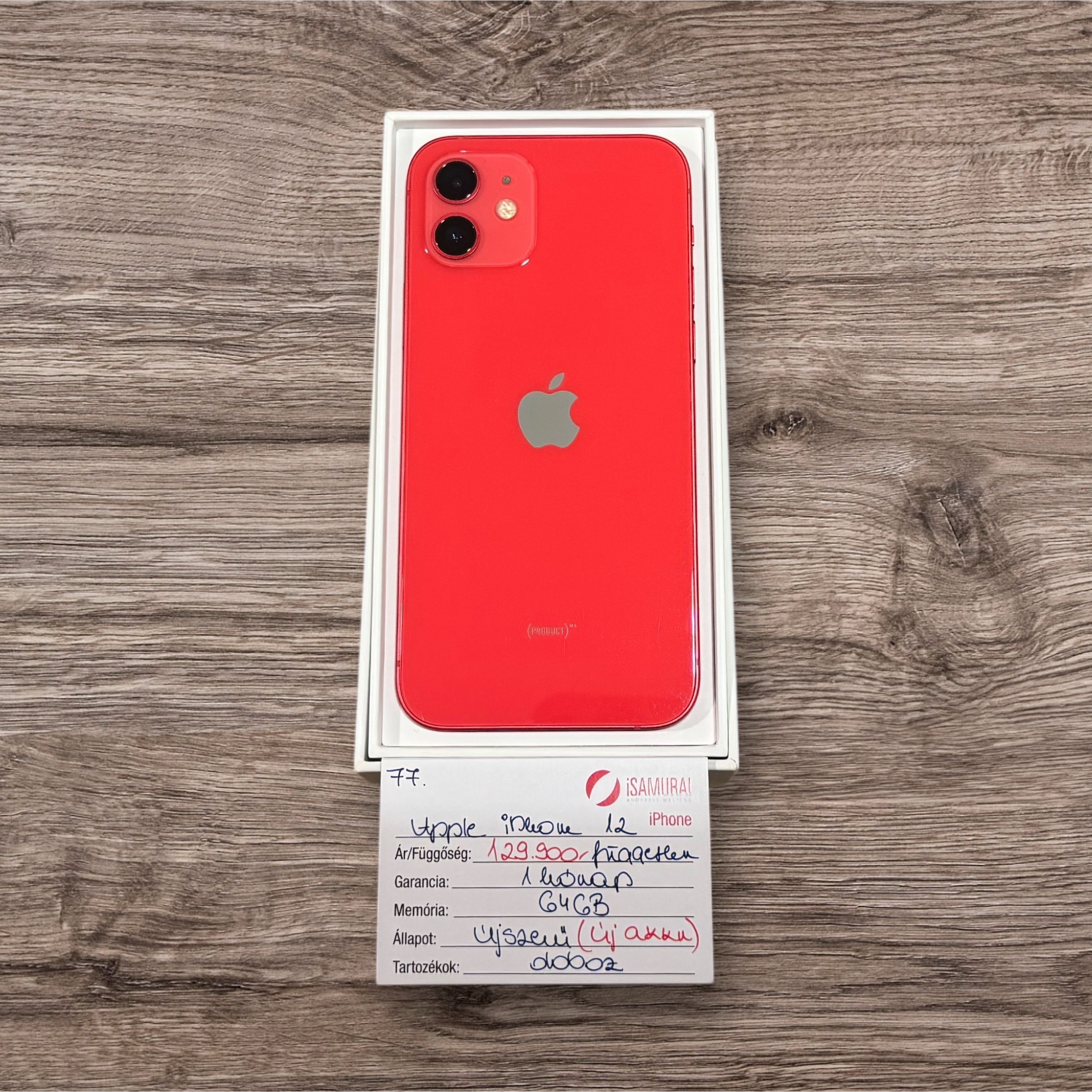 77. Apple iPhone 12 - 64 GB - (product)RED - Független - Újszerű - ÚJ AKKU