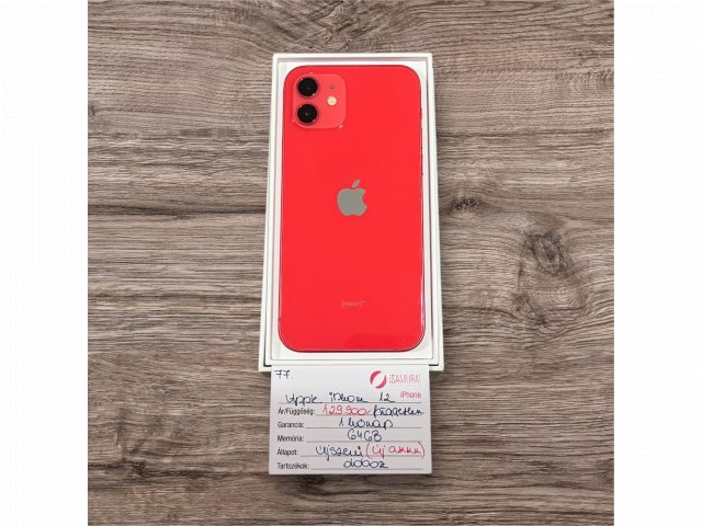 77. Apple iPhone 12 - 64 GB - (product)RED - Független - Újszerű - ÚJ AKKU