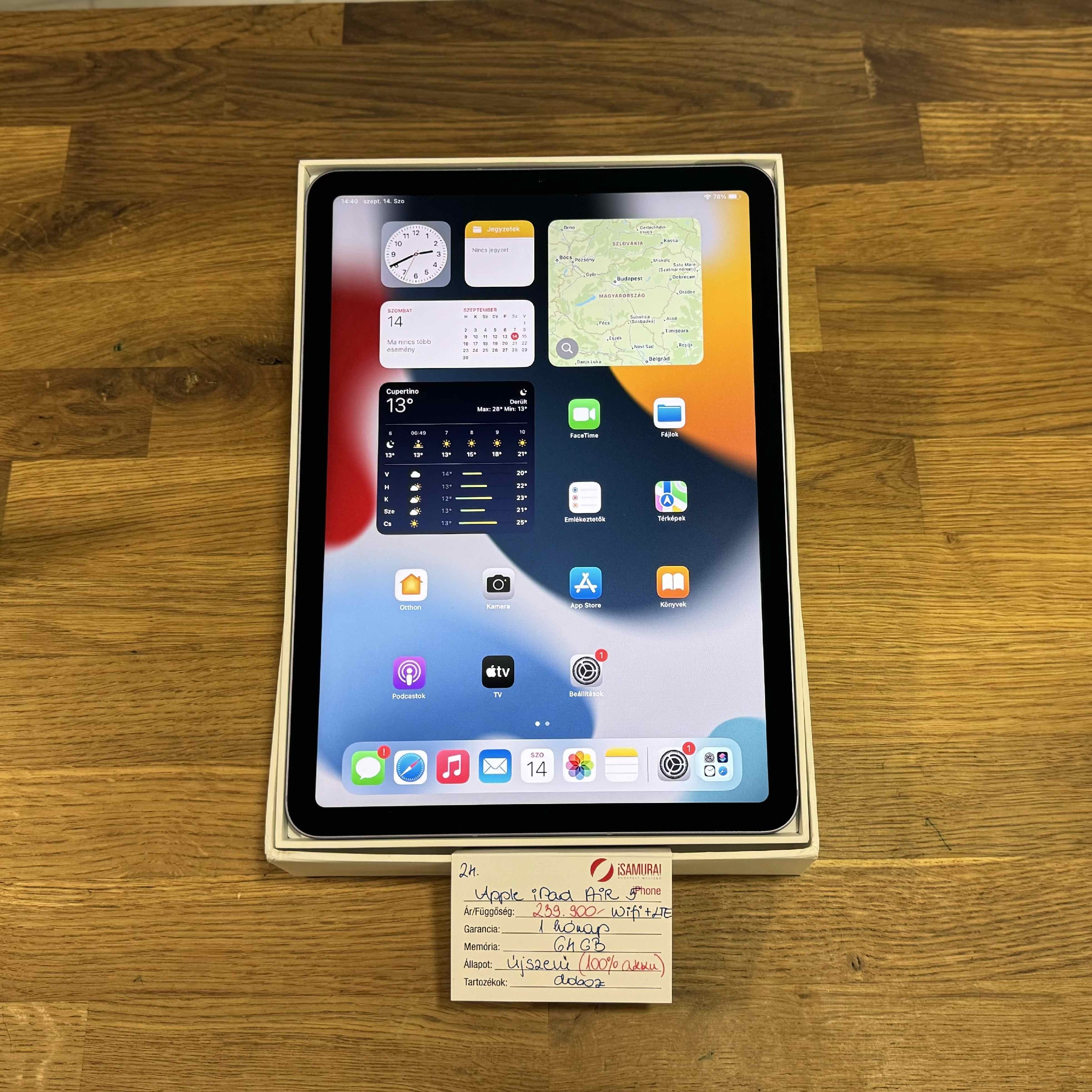 24. Apple iPad Air 5 - 64 GB - Wifi - Lila - Újszerű - 100% AKKU