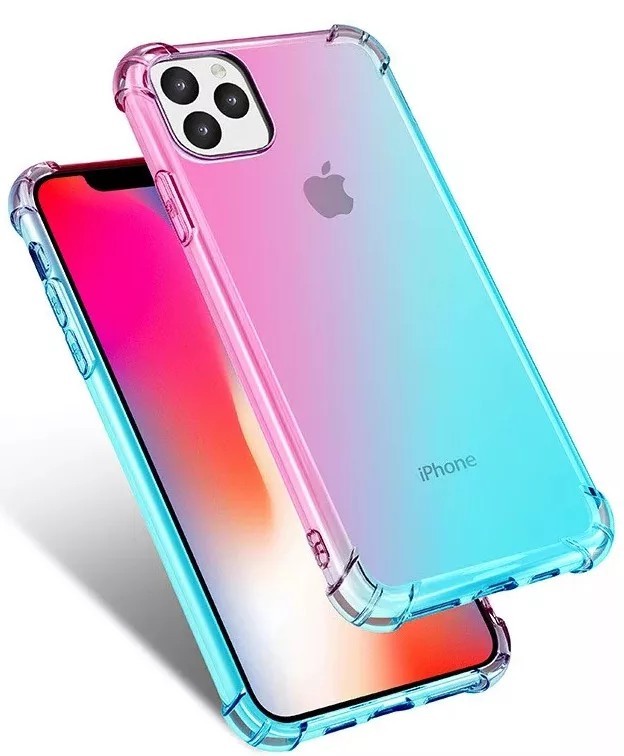Apple iPhone 11 Pro Erősített sarkú szivárvány szilikon tok - Kék & Rózsaszín