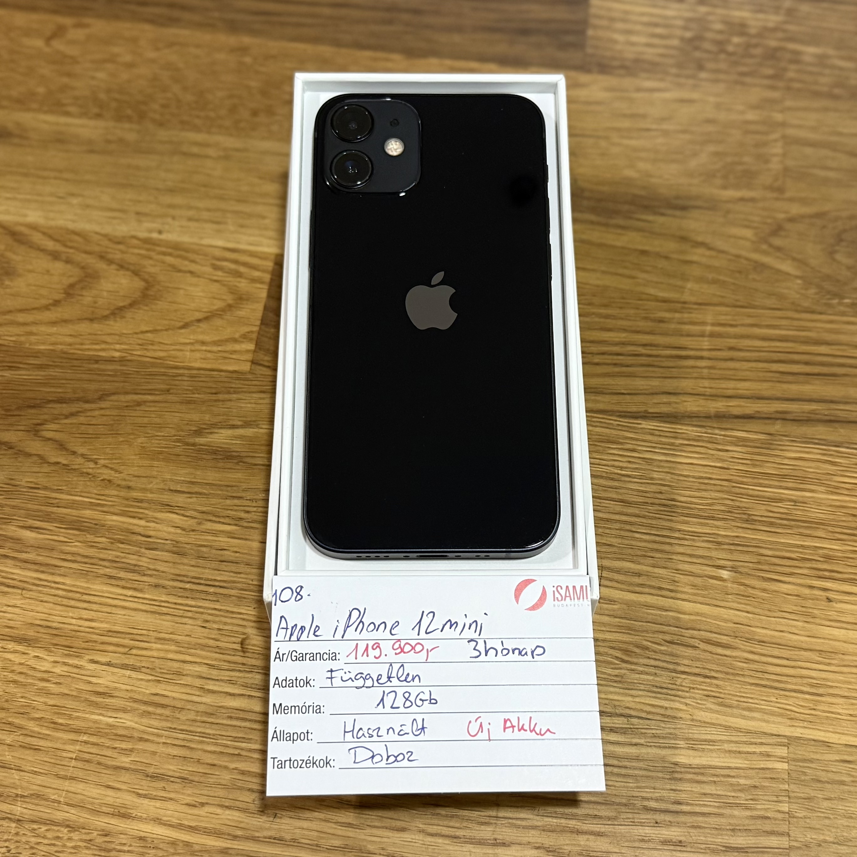 108. Apple iPhone 12 mini - Fekete - 128 GB  - új akku