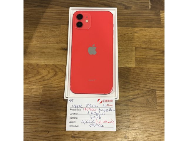55. Apple iPhone 12 - 64 GB - (product)RED - Újszerű - ÚJ AKKU