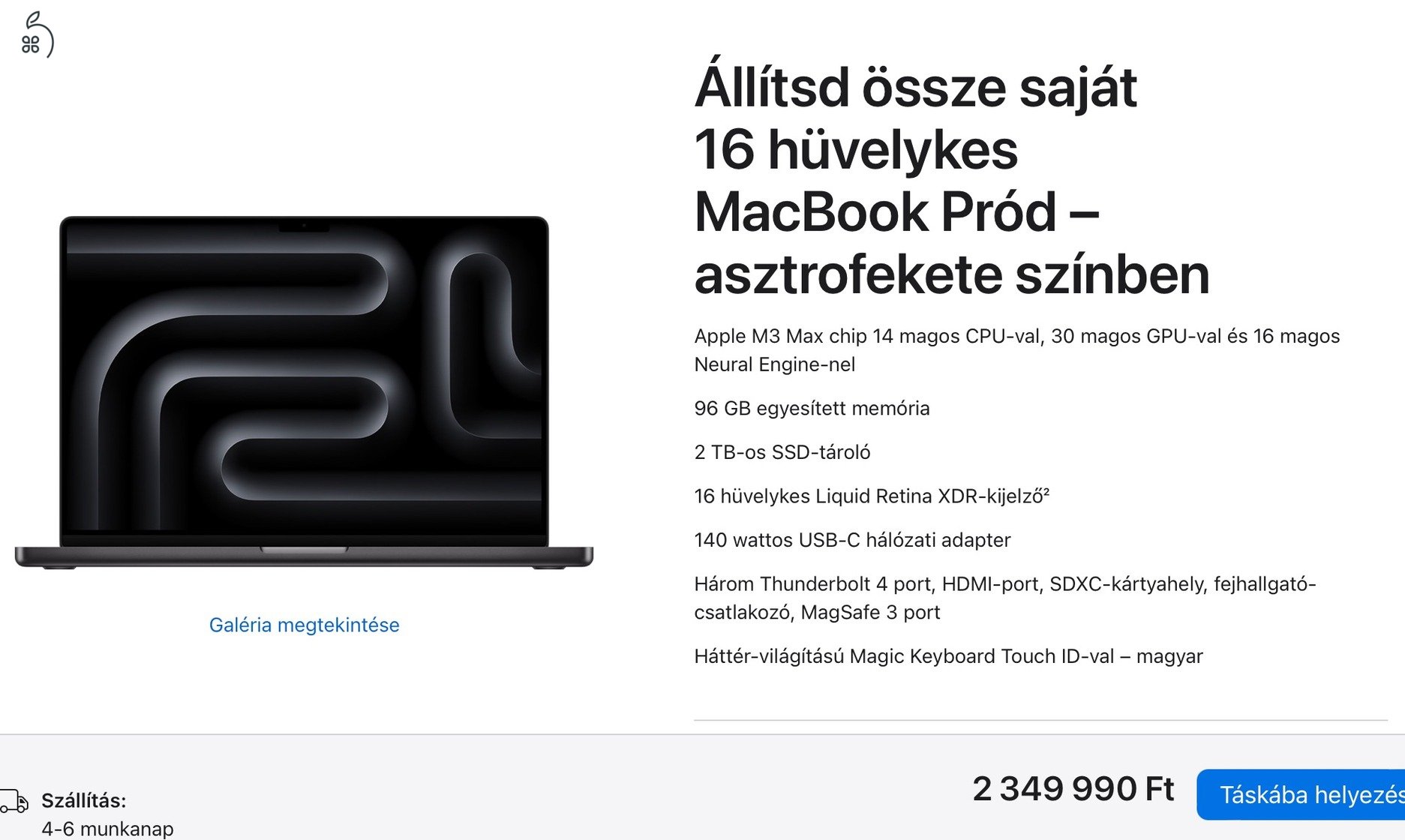 ÚJ Bontatlan Macbook Pro 16 M3 Pro MAX 14 30GPU 96GB 2TB Magyar billentyűzet Azonnal átvehető.