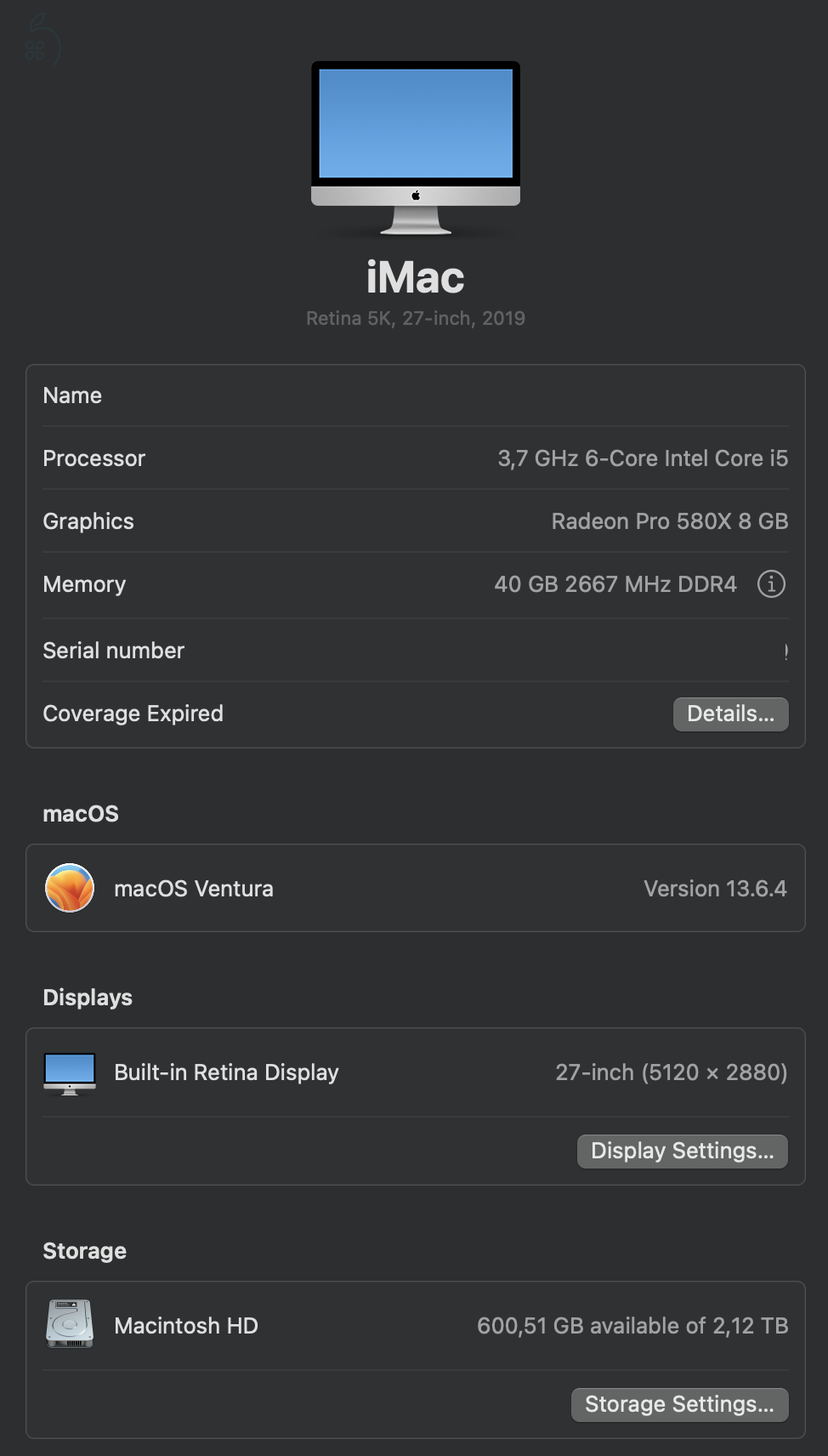 Eladó iMac Retina 5K i5 / 40GB memory / 2TB / ÁFÁS