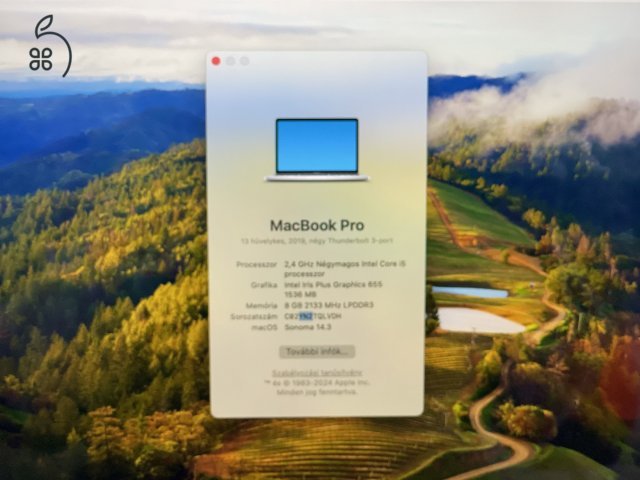 Eladó Apple Macbook PRO EU 512 GB 2019 13 i5 8 GB SSD TOUCH BAR szép állapotú - 12 HÓ GARANCIA - 1439