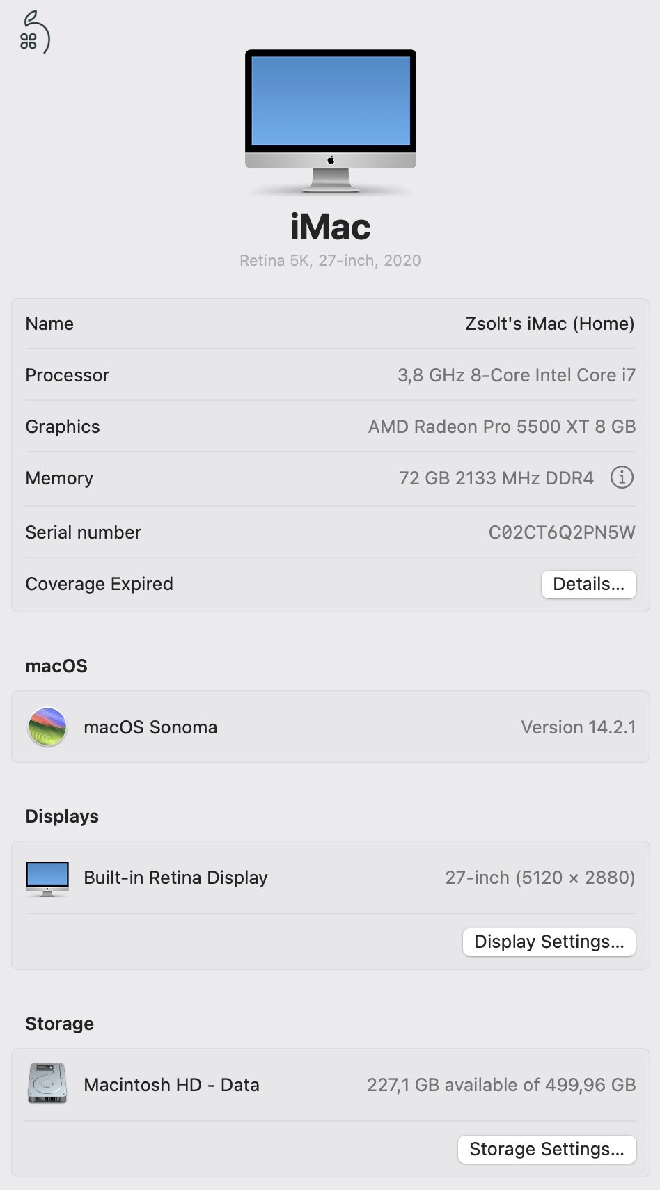iMac Retina 5K, 27”(2020) i7 3,8Ghz (8core) 72GB RAM 500GB SSD