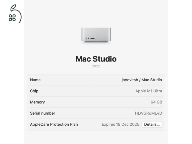 Apple Mac Studio / M1 Ultra / 64GB RAM / 1TB SSD / AppleCare / Újszerű Eladó