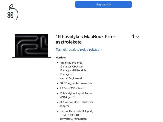 Macbook Pro 16' Space black M3 Pro/36Gb ram/2Tb SSD CTO Apple garancia. Akció!