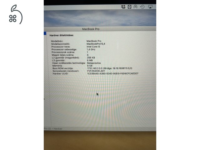 Macbook Pro 13,3 Retina kijelző, Touch Bar 1,4 Ghz Core i5 128 GB SSD