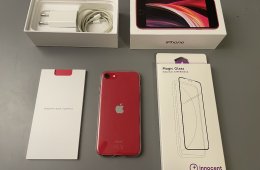 iPhone SE 2020 128 GB Product Red, független, használt, dobozos, 76% akku, töltő, tok