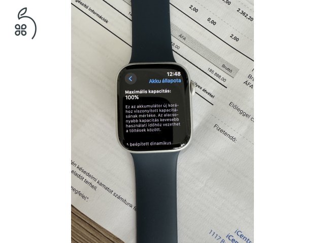 Apple Watch Series 9 GPS 45mm ezüst alumínium, viharkék sportszíjjal - M/L, 2026.01.07-ig garancia