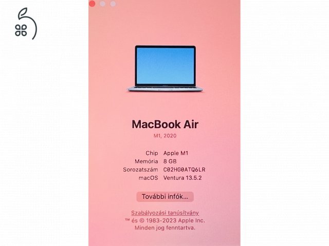 Eladó Apple Macbook AIR ENG 256 GB Space Gray 2020 13 M1 8 GB SSD szép állapotú - 12 HÓ GARANCIA - 1461