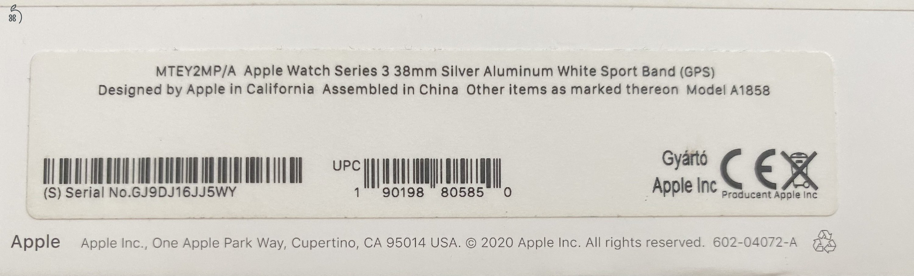 Apple watch S3 Silver 38mm újszerű 