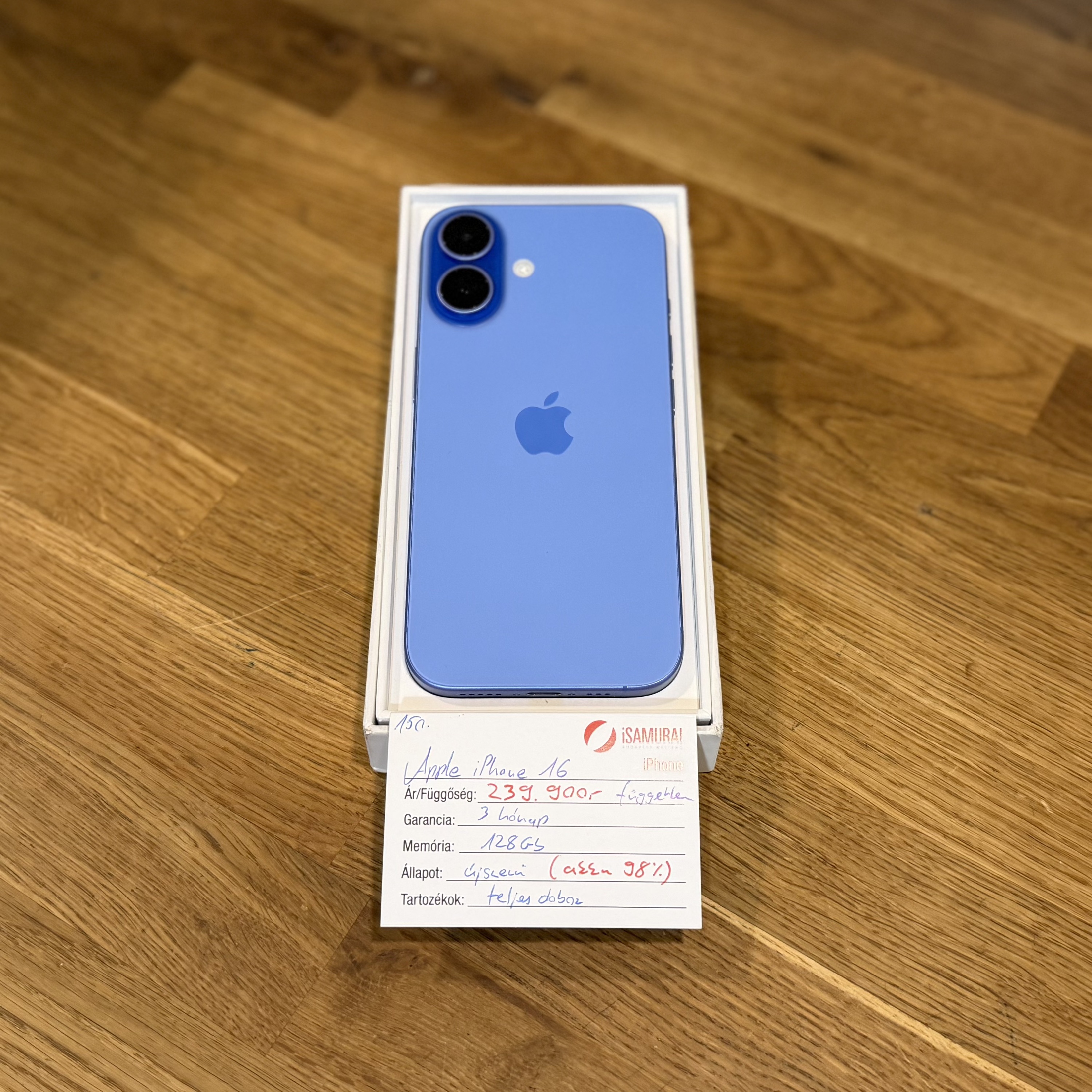 150. Apple iPhone 16 - 128GB - Ultramarine - újszerű - akku 98%