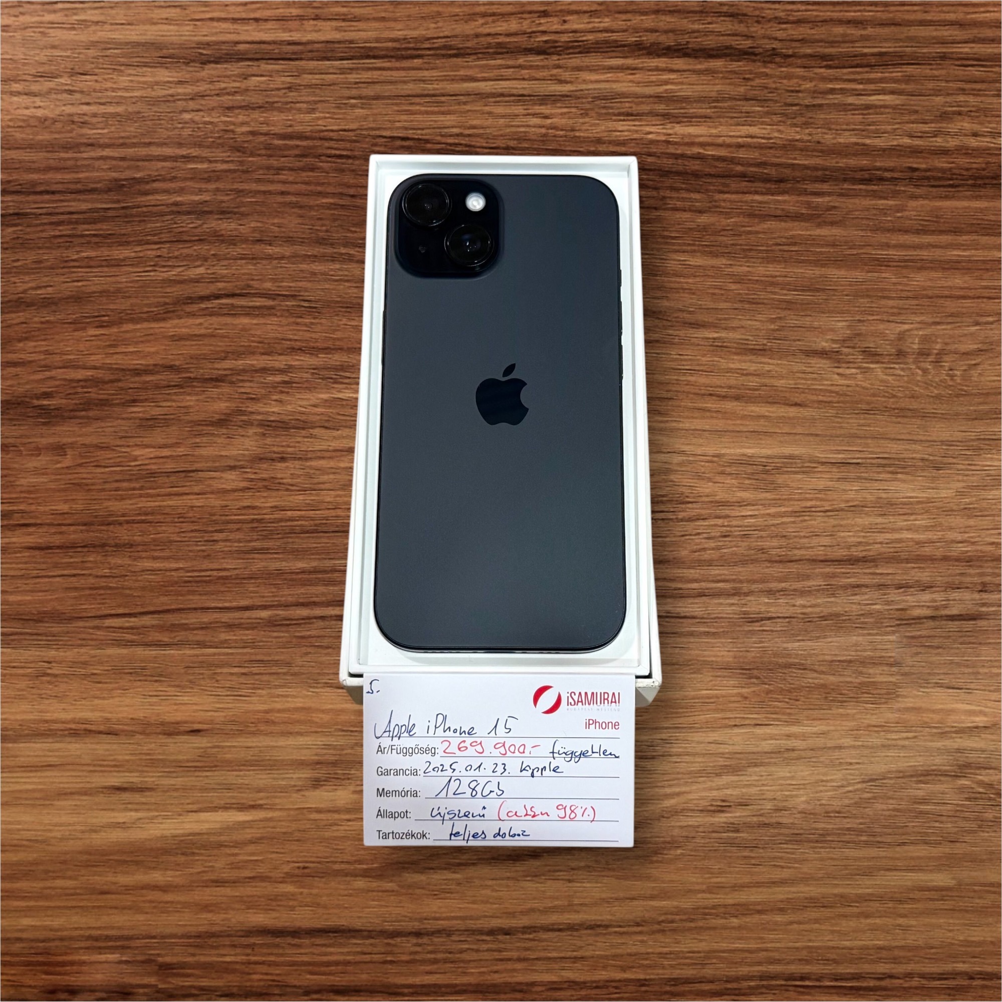 5. Apple iPhone 15 - 128 GB - Fekete - újszerű - 100% AKKU - APPLE GAR