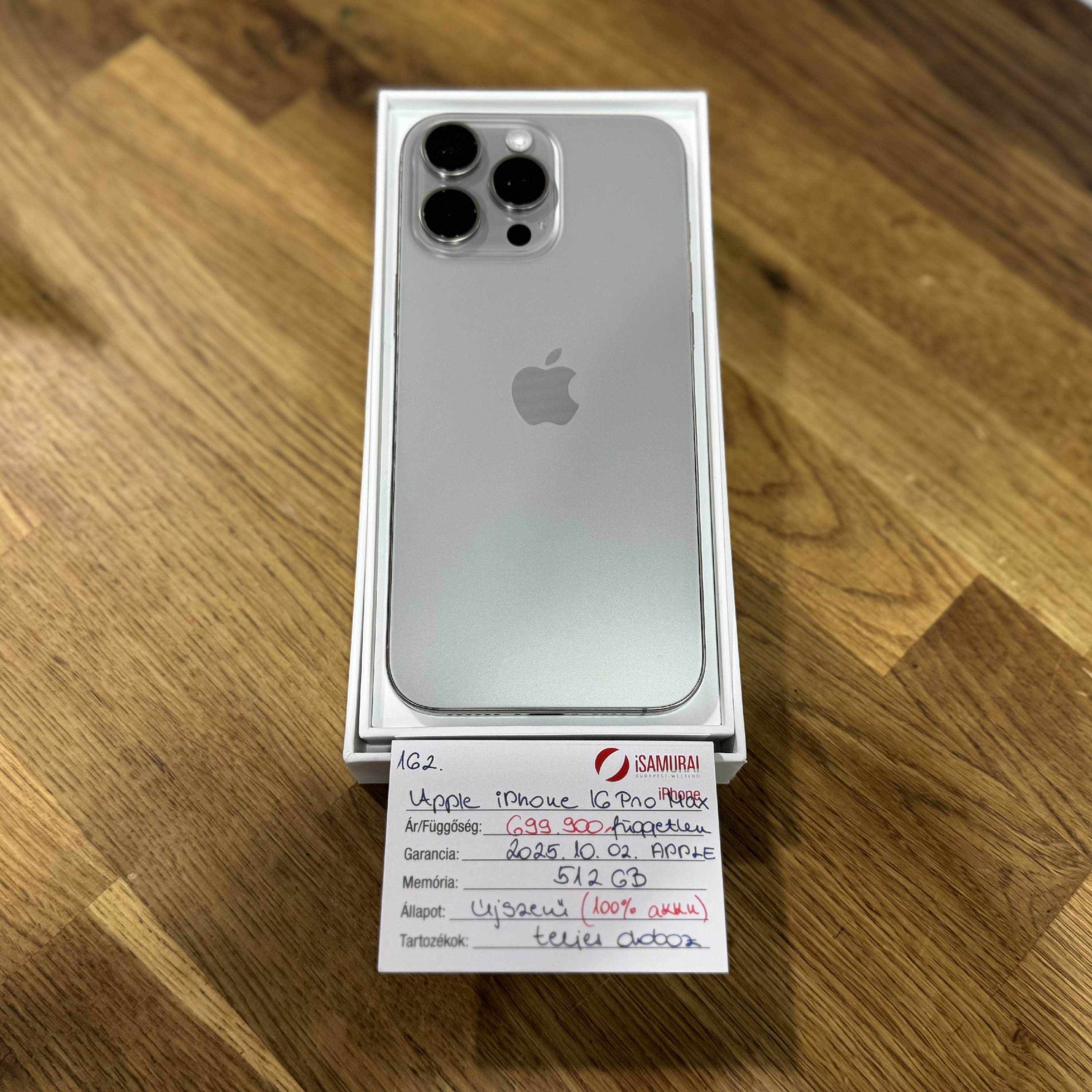 162. Apple iPhone 16 Pro Max - 512 GB - Natúr Titán - 100% AKKU - 1 napos