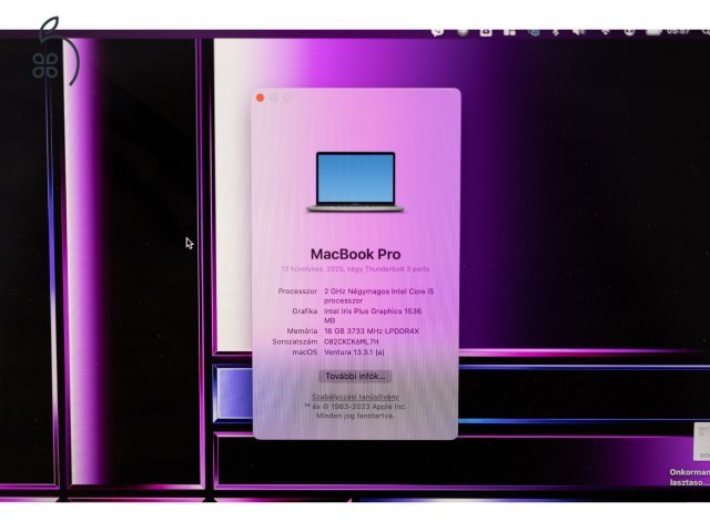 MacBook Pro (13 hüvelykes, 2020, négy Thunderbolt 3-port) 16GB / 512 GB 