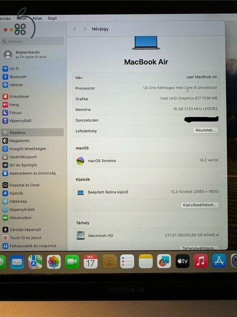 Macbook Air Retina 256 GB SSD / 16 GB RAM / Magyar billentyűzet