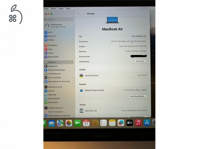 2019 Macbook Air Retina 256 GB SSD / 16 GB RAM / Magyar billentyűzet