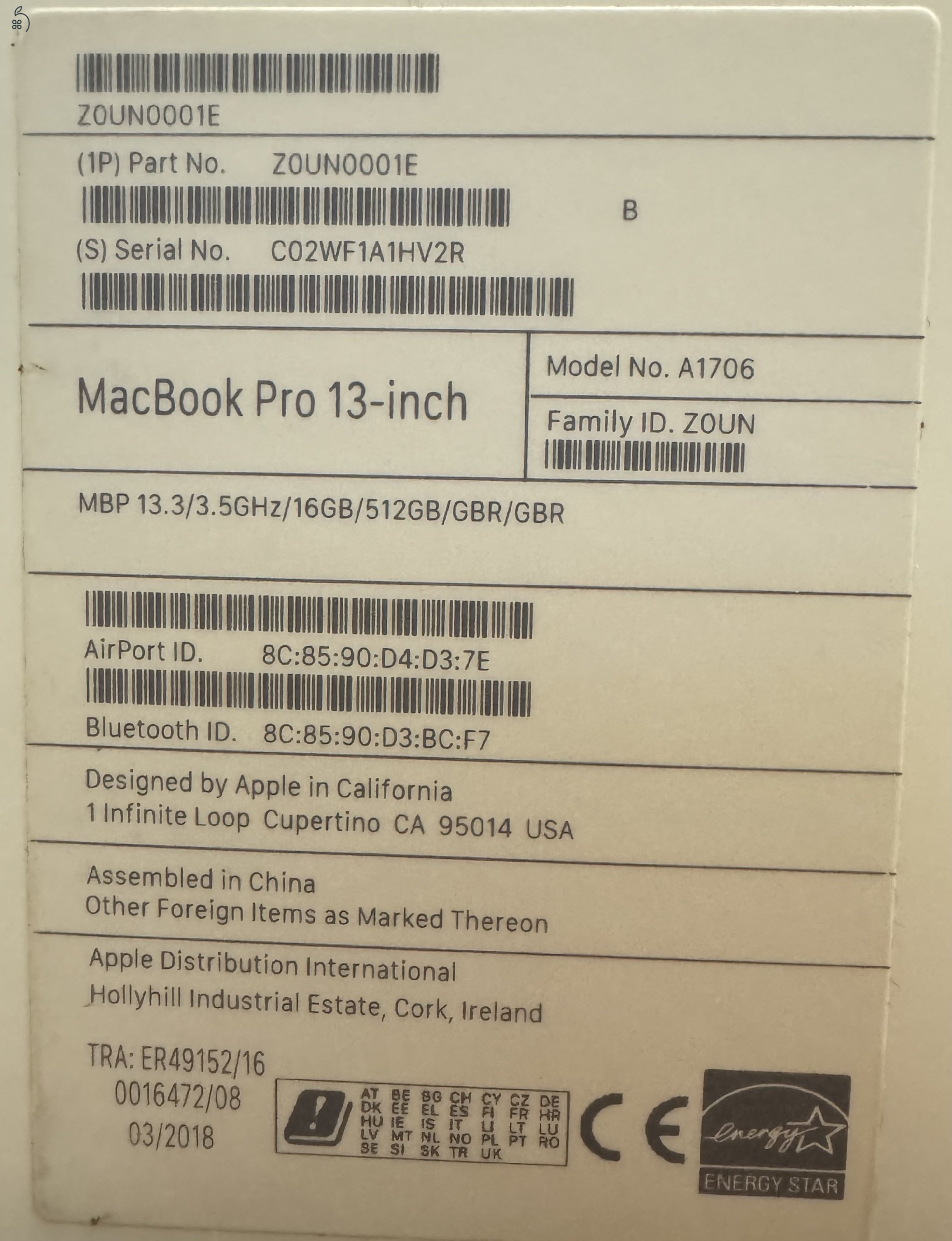 Macbook Pro 13,3” (A1706) 