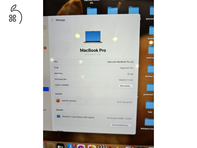 MacBook Pro M1, 16GB, 2 terrás SSD!, 2021, tokban tartott hibátlan