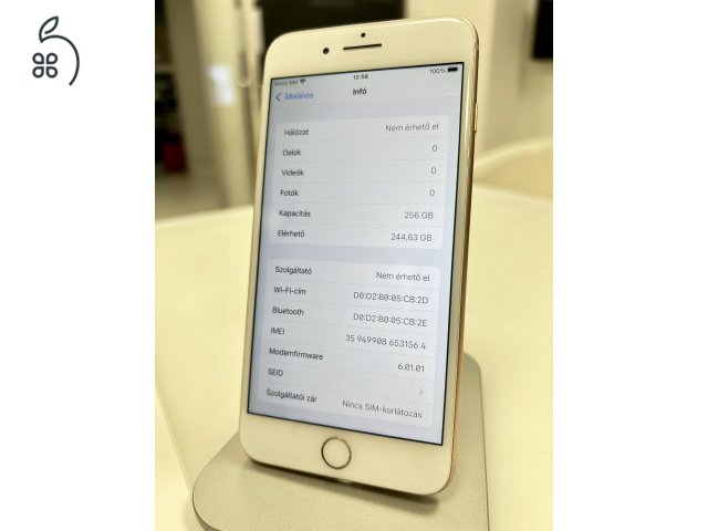 Nagyon szép iPhone 8 Plus 256GB Gold Független 100%-os akku 3 Hó Bolti Gar!