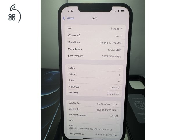 Apple iphone 12 Pro Max Kártyafüggetlen 256GB, akku 90%, abszolút újszerű állapot!!