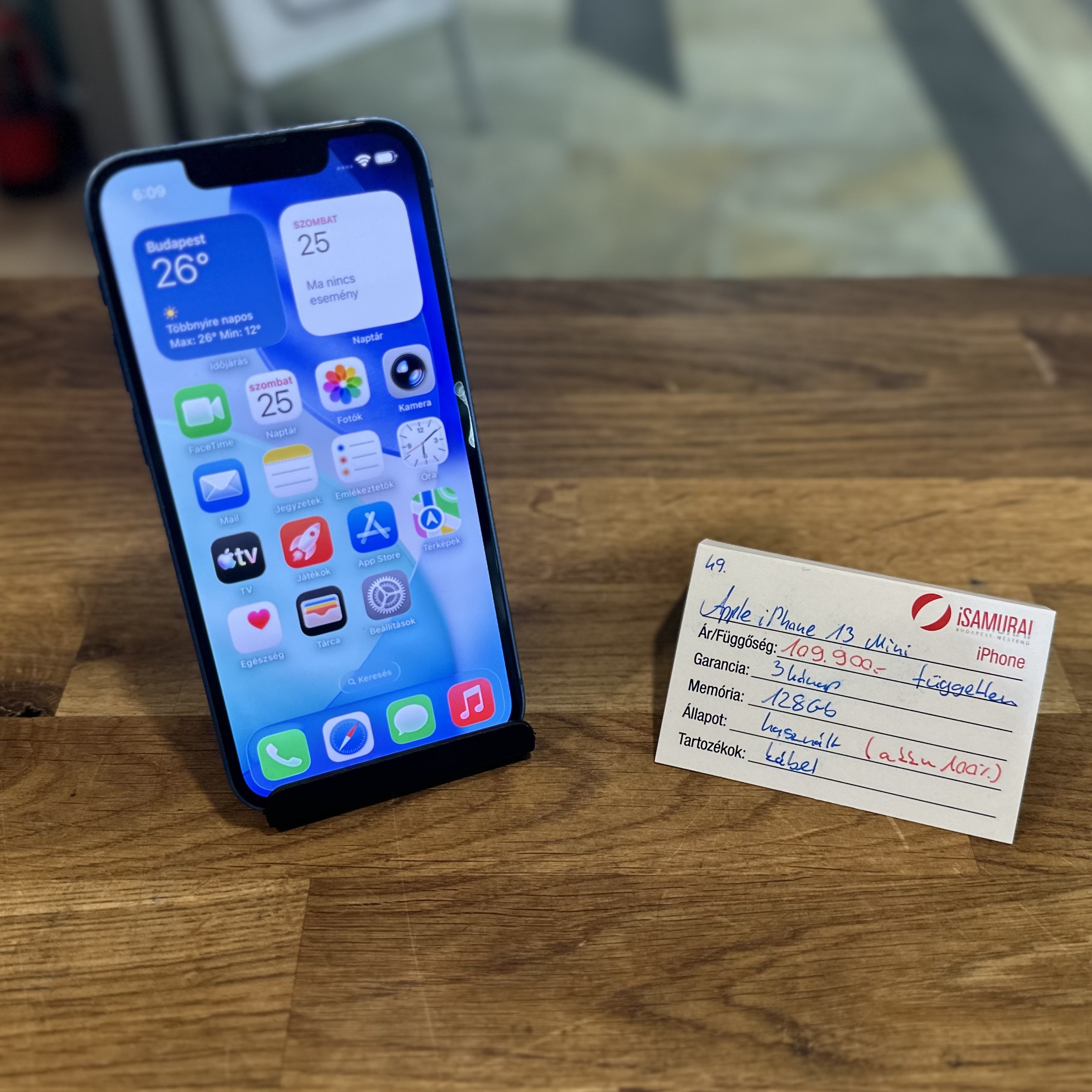 Apple iPhone 13 Mini - 128 GB - Kék - Kártyafüggetlen - Akku 100% (49.)