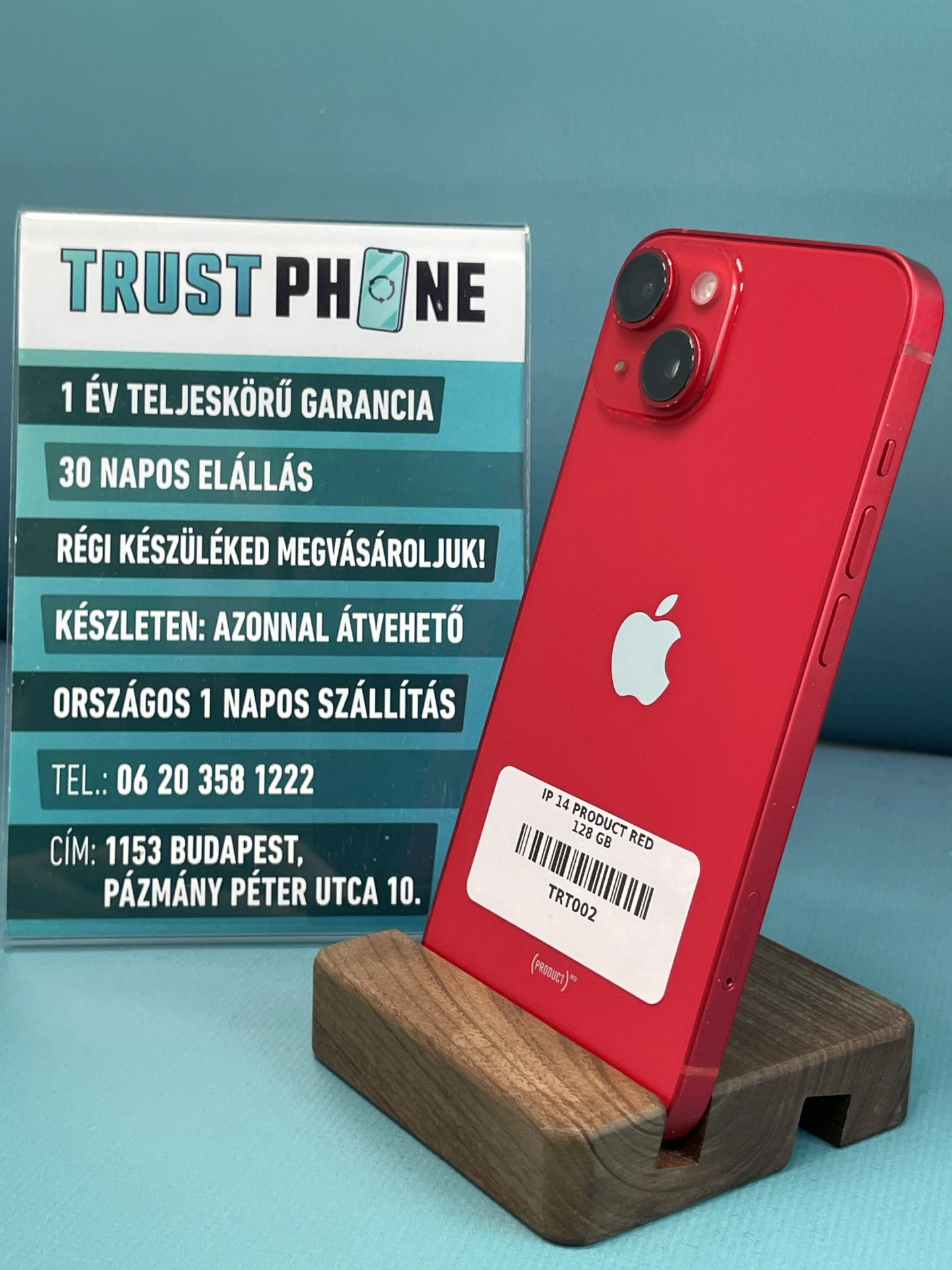 !! 1 ÉV GARANCIA !! iPhone 14 PRODUCT RED 128 GB – TRT002 – 100% AKKU