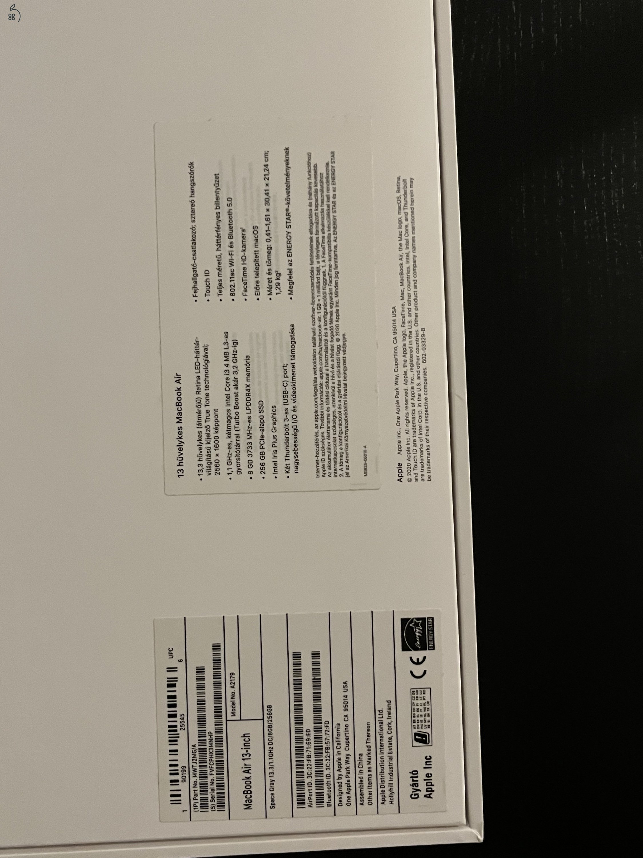 Macbook Air 2020, Intel i3, 8GB, 256 GB SSD