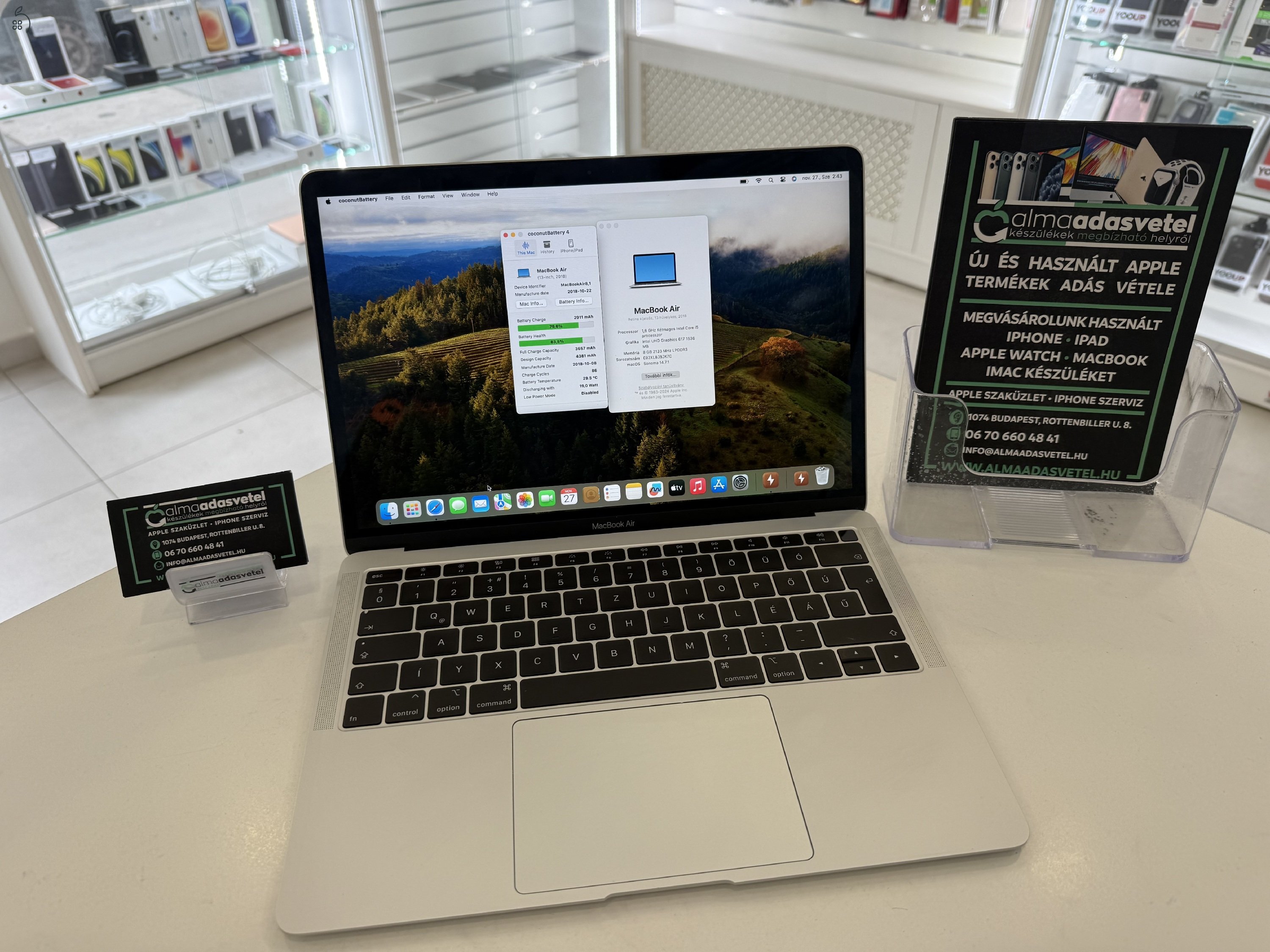 MacBook Air 2018 Nagyon Szép/8GB/128ssd/1-3 hónap gar./Akku86%/p3869