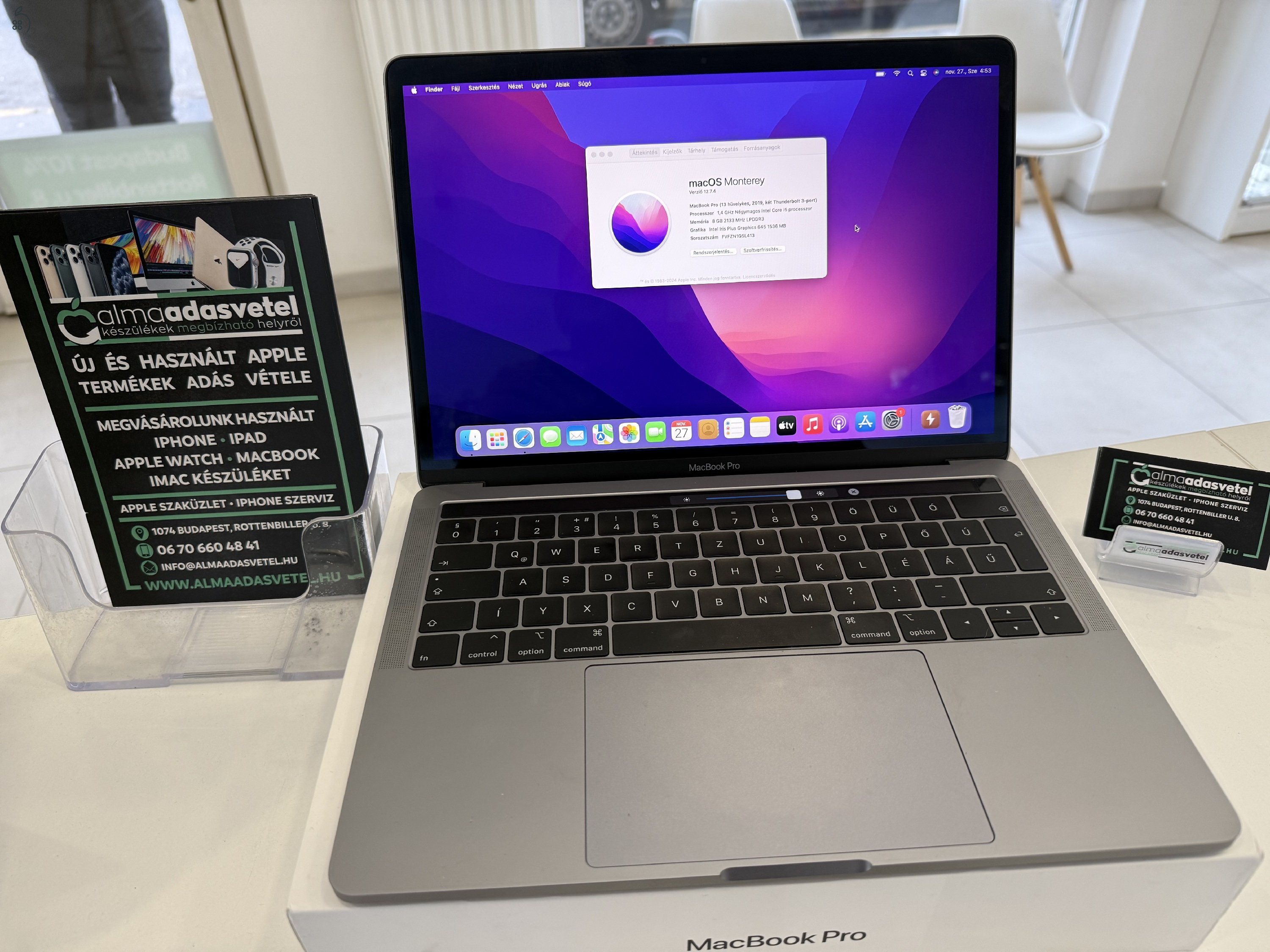 MacBook Pro 2019/8GB/512ssd/Újszerű/1-3 hónap gar./Akku88%/p3872