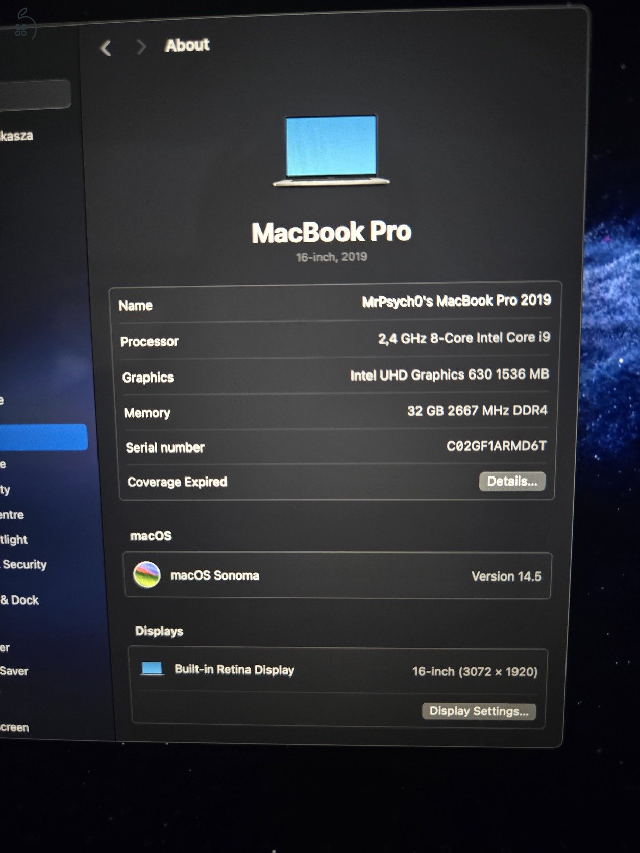 Macbook Pro 2019 CTO i9/32GB Ram/1TB SSD/8GB 5600M Radeon