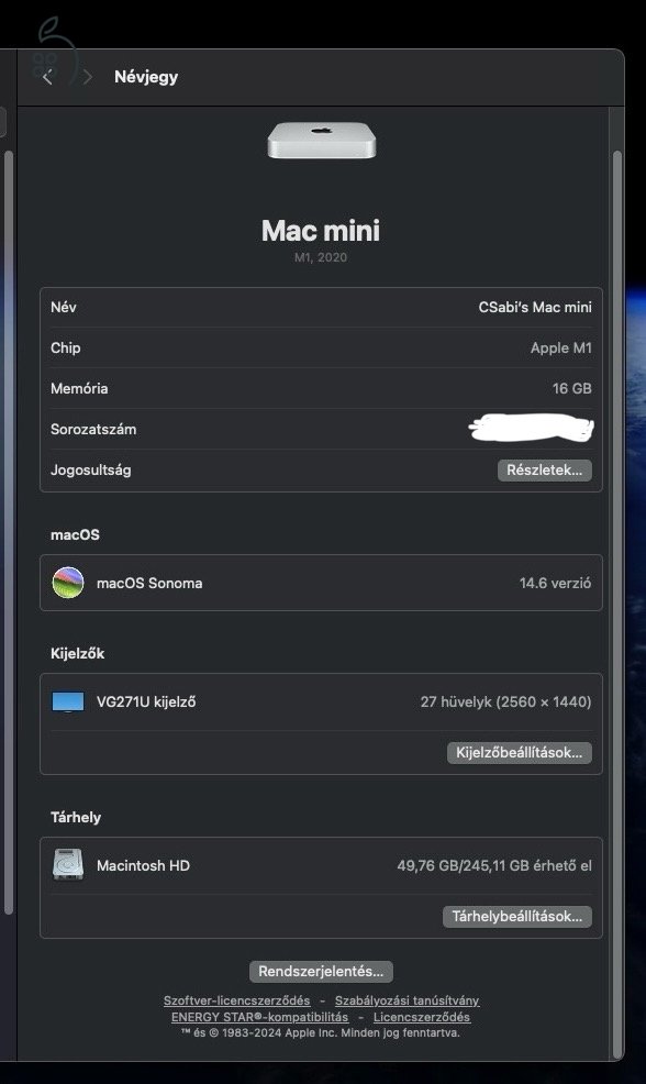 Mac Mini M1 16Gb/256Gb SSD Karcmentes + Satechi Hub