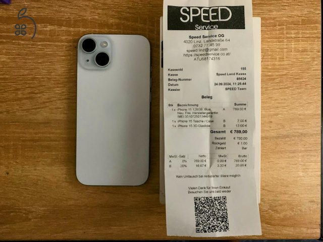 iPhone 15 Blue 128GB Apple Garancia Független Akku:100% Csere ON