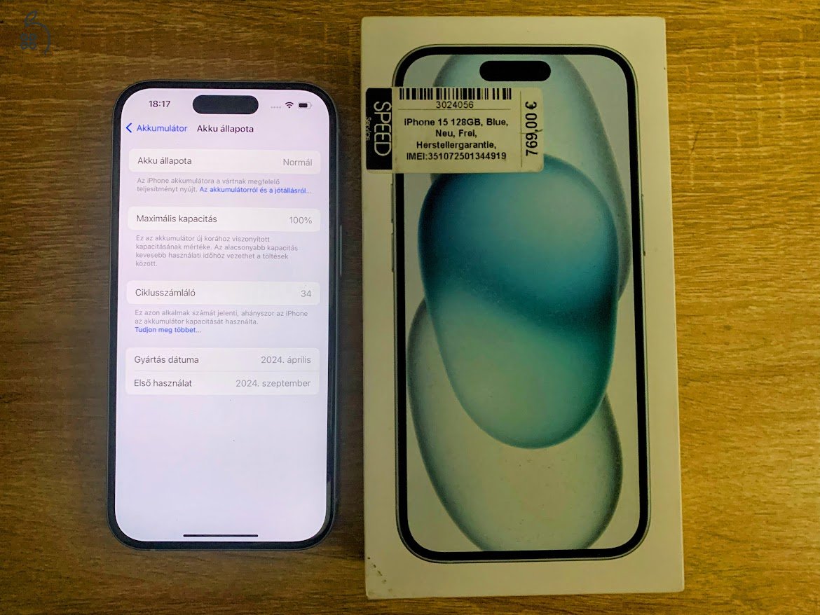 iPhone 15 Blue 128GB Apple Garancia Független Akku:100% Csere ON