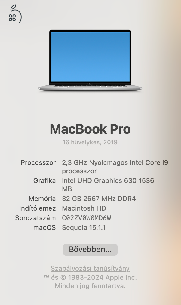 CTO bestia, Macbook Pro 16, HUN, 2019, i9, 32GB, 1TB, AMD Radeon Pro 8GB videokártya