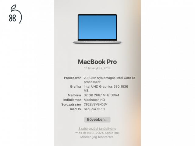 CTO bestia, Macbook Pro 16, HUN, 2019, i9, 32GB, 1TB, AMD Radeon Pro 8GB videokártya