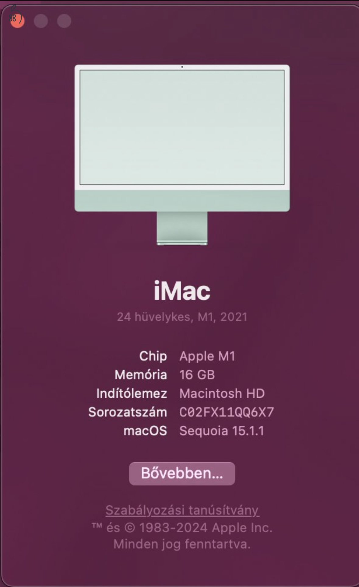 Eladó 2021 M1 iMac 16gb 512ssd