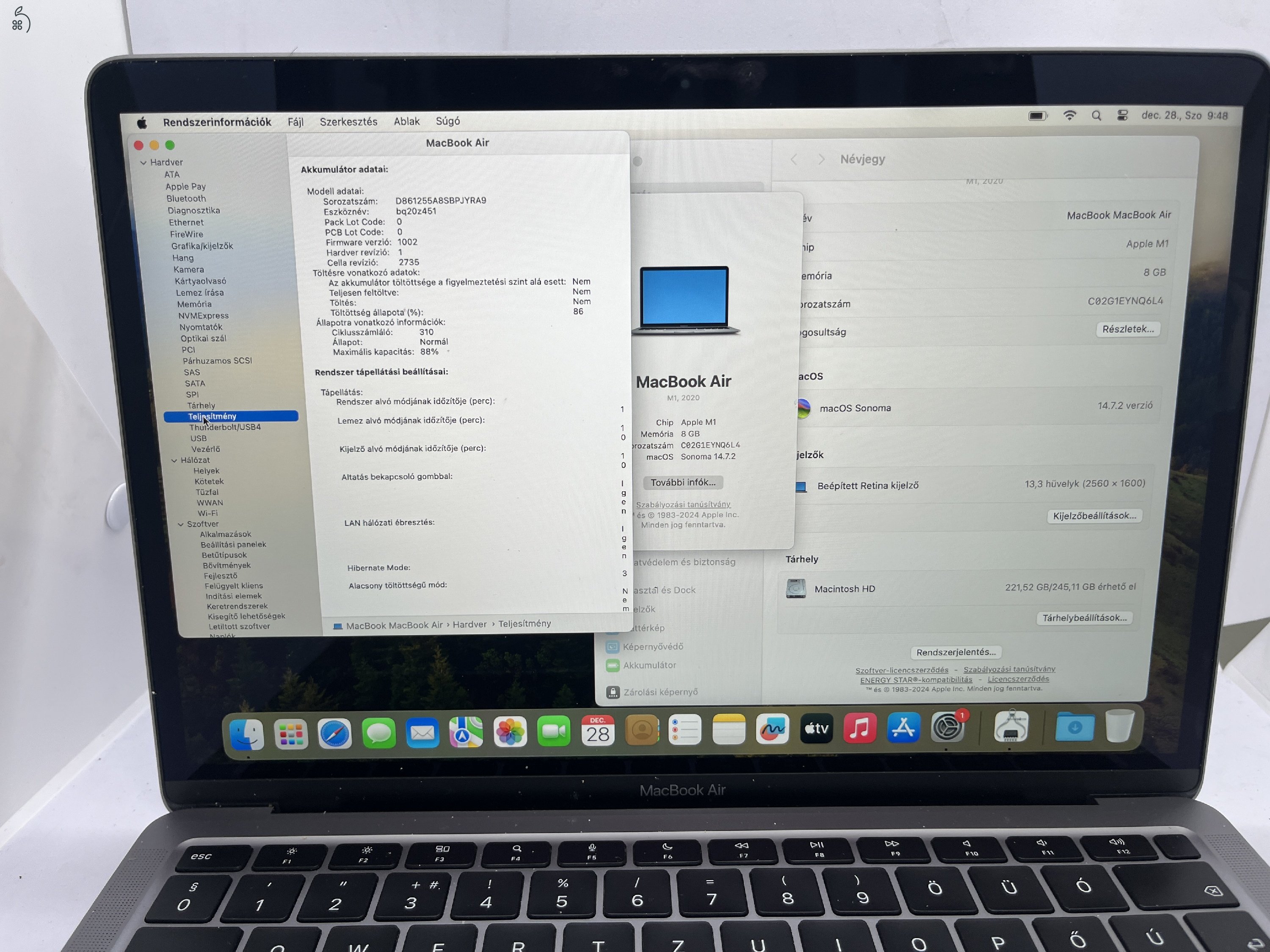 APPLE MACBOOK AIR M1 /2020/ 8GB/256GB, HUN BILL, ÜZLETBŐL, GARANCIÁVAL 