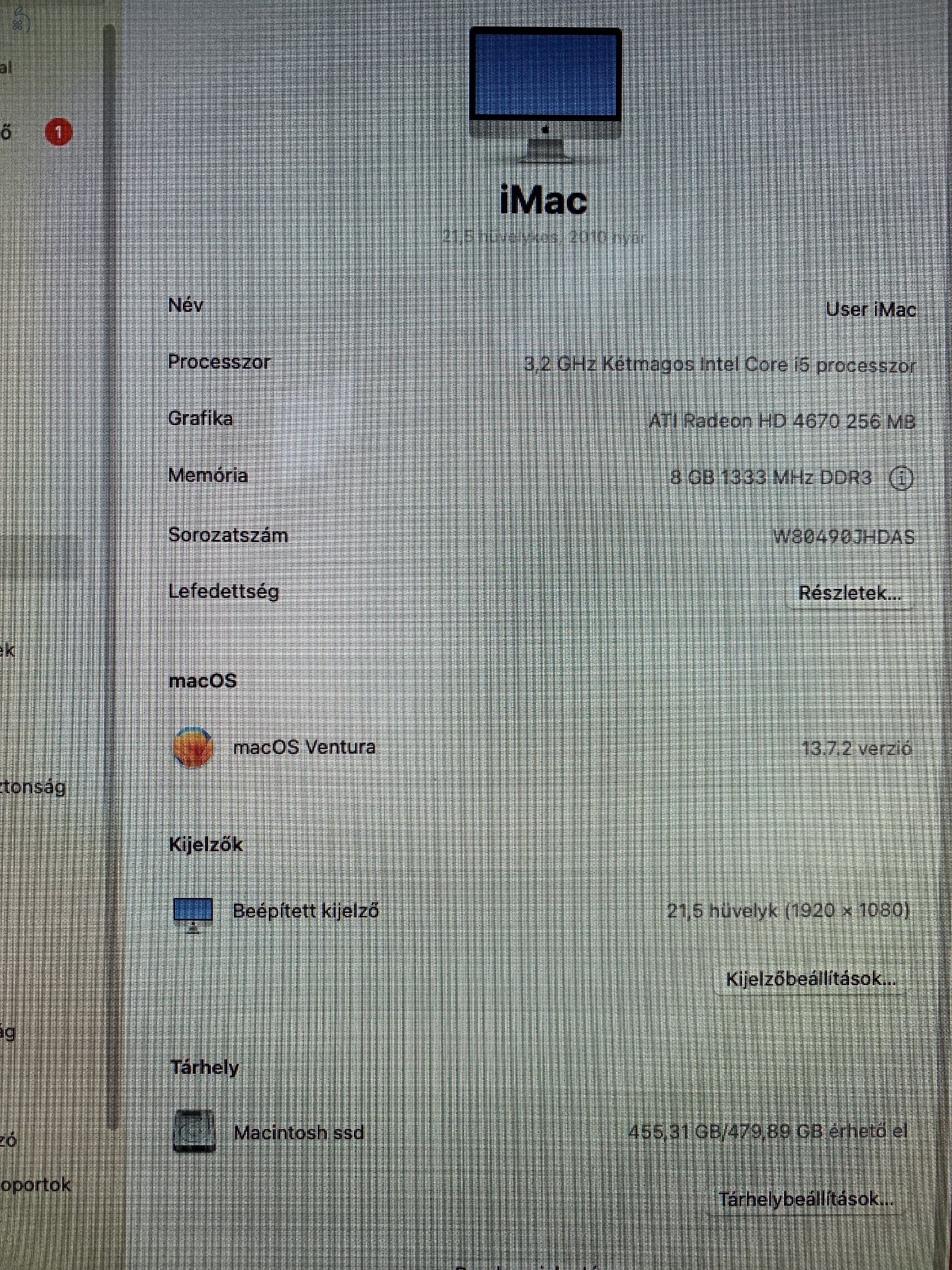 Imac 21,5coll Ventura  8Gb SSD 480Gb