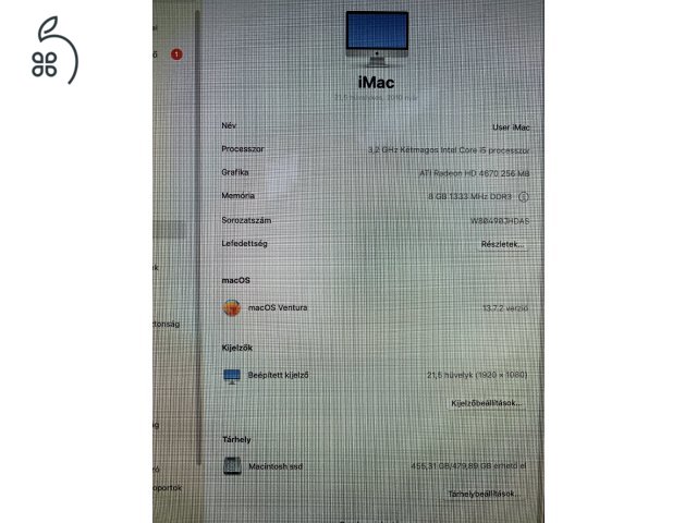 Imac 21,5coll Ventura  8Gb SSD 480Gb