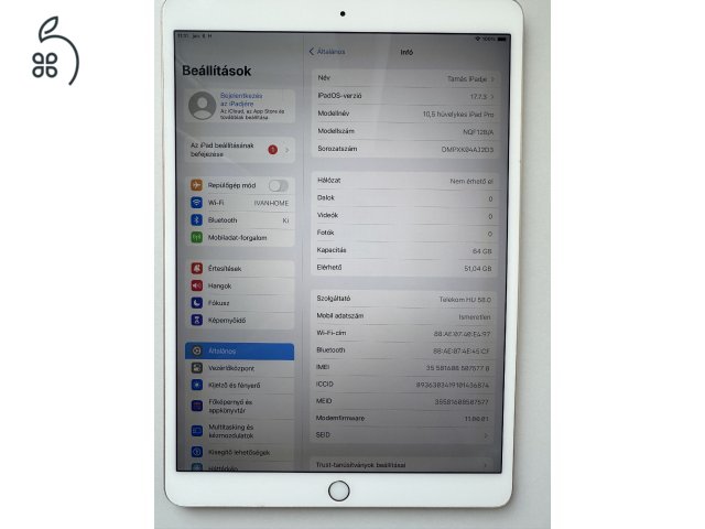 ELADÓ Apple iPad Pro 10,5” WiFi + Cellular 64GB