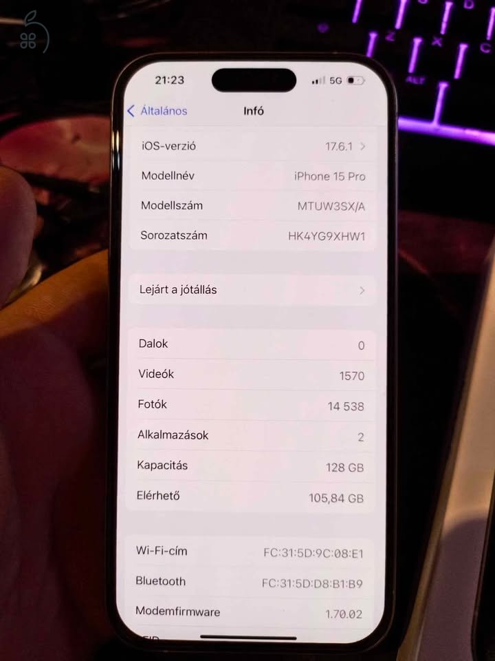 MAKULÁTLAN! iPhone 15 Pro 128gb White Titanium 1 év gari!