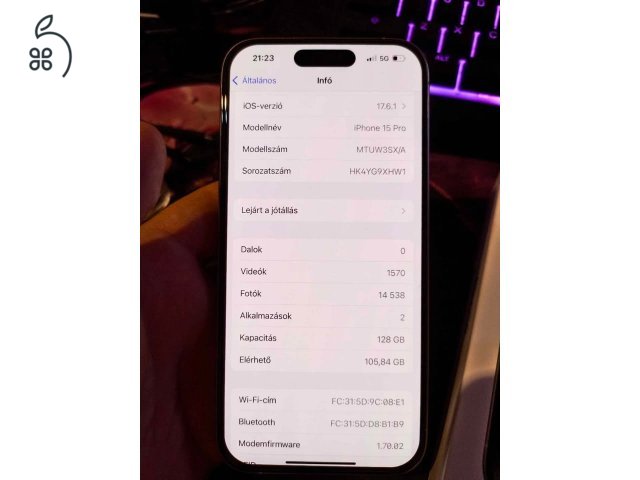 MAKULÁTLAN! iPhone 15 Pro 128gb White Titanium 1 év gari!